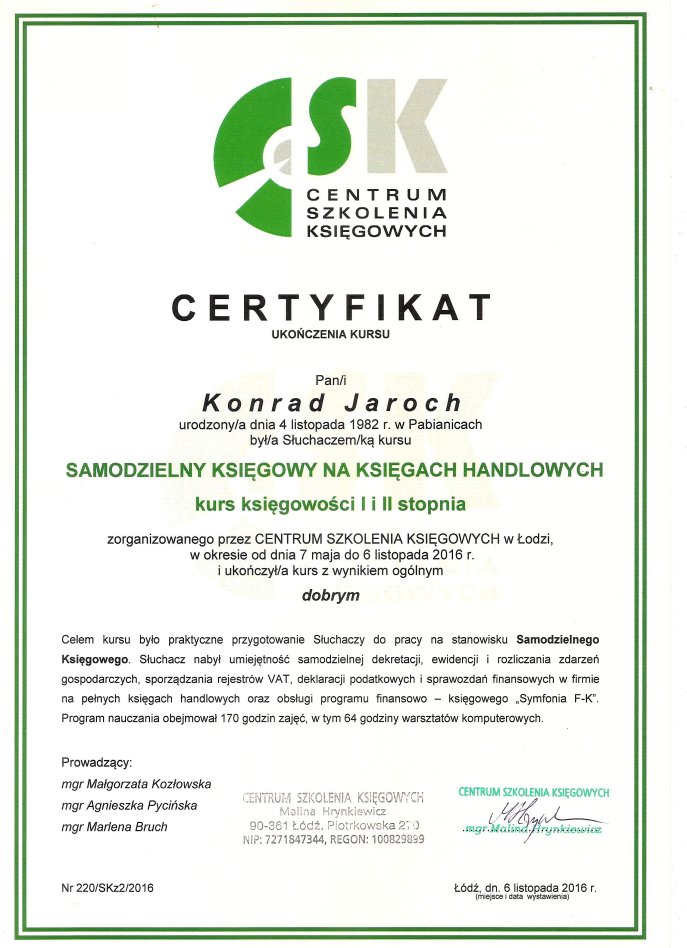 certyfikat samodzielnego księgowego na księgach handlowych